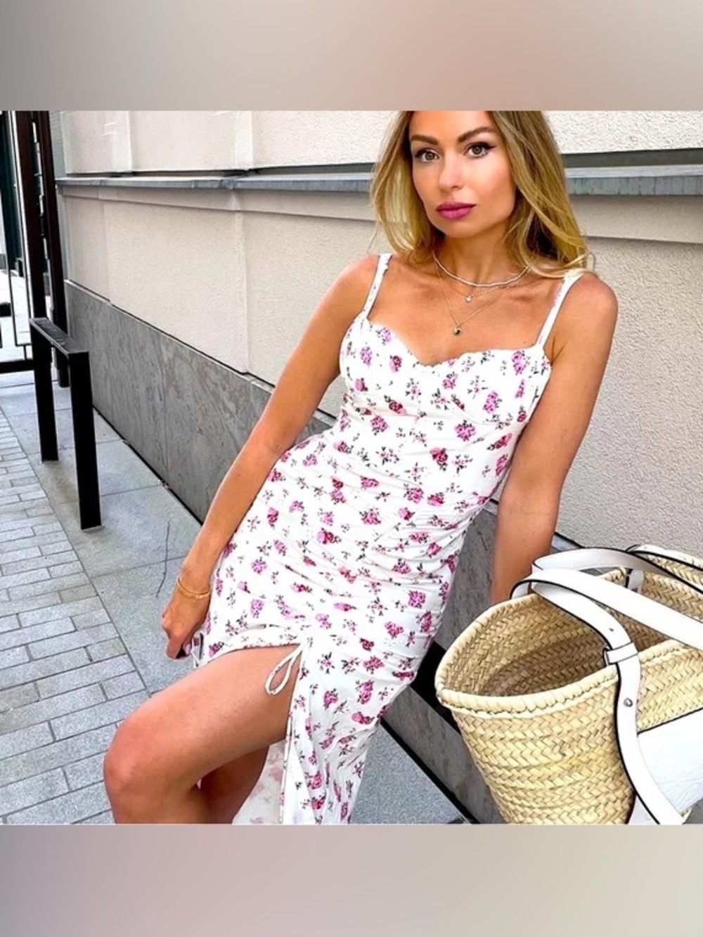 Zara Floral Linen Blend Ruched Midi Dress - Oyster White / Pink (Size XS)